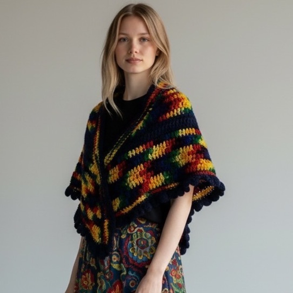 Handmade Crochet Rainbow Variegated Triangle Shawl Navy Scalloped Edge Wrap